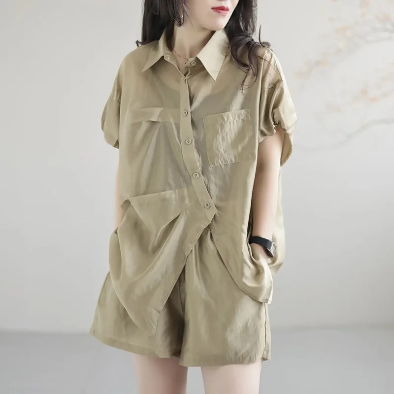 

2024 Solid Color Summer Clothes Set Solid Color Irregular Turn-down Collar Shirts+Belly Shorts Twinset Oversize Woman Suits