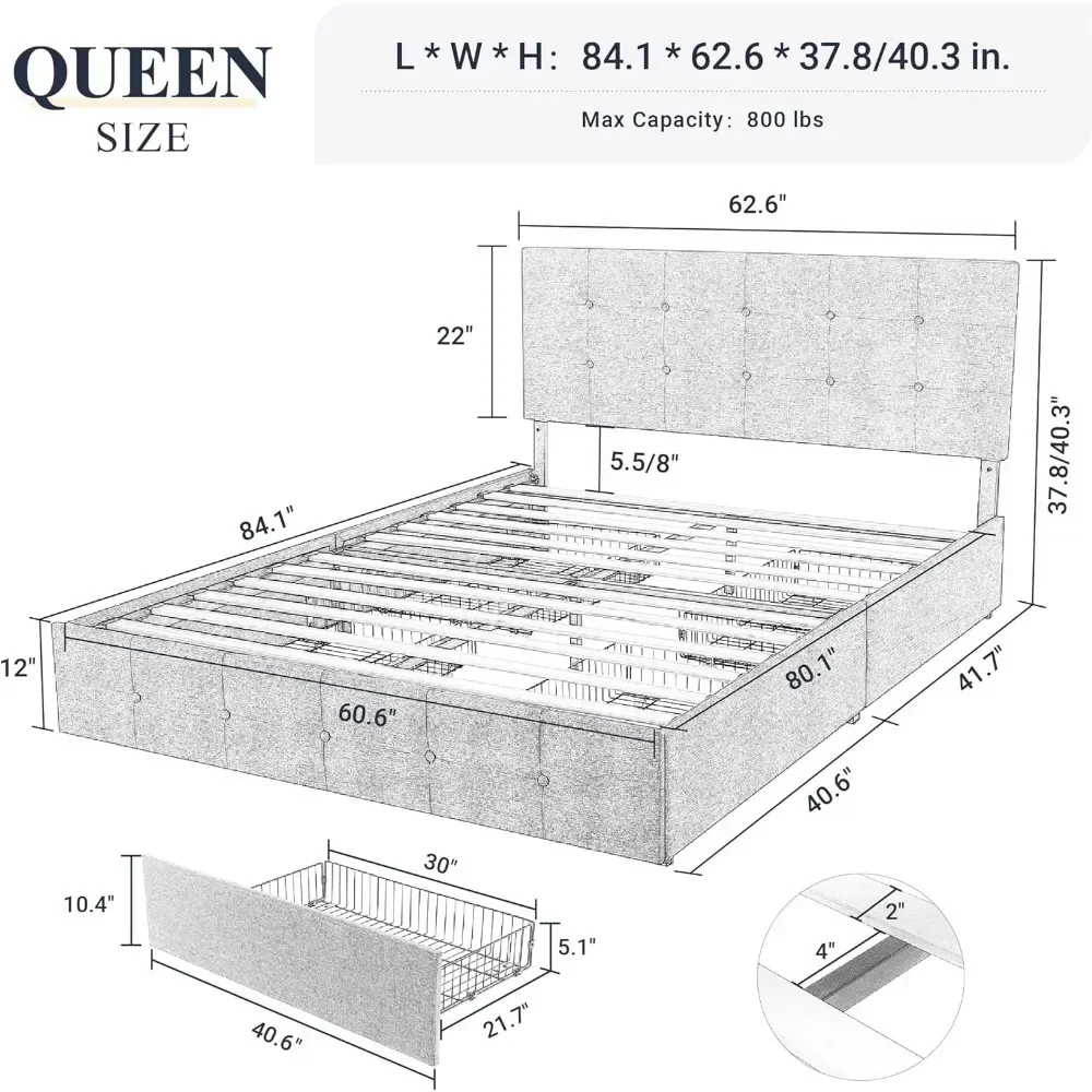 Upholstered Queen Size Platform Bed Frame with 4 Storage Drawers and Headboard, Square Stitched Button