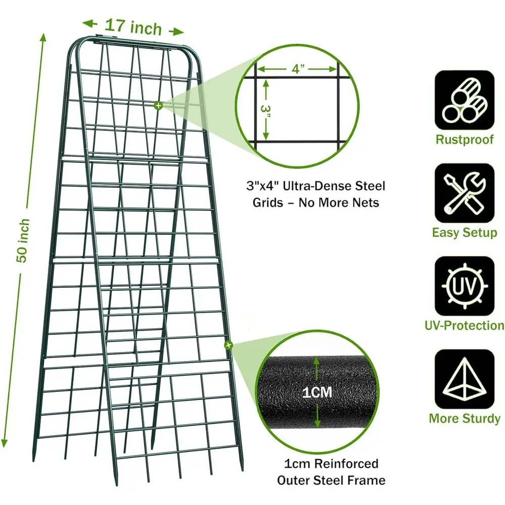 50x17 Heavy-Duty Adjustable A-E Garden Trellis, Rust-Resistant Metal for Dense Vine Growth (Green, 2 Pack)