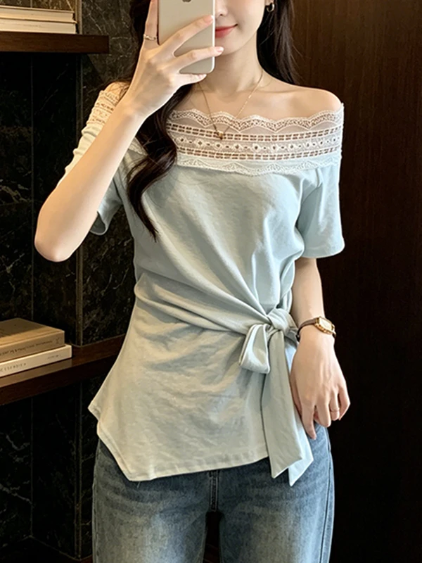 

Summer New Style plus Size Women's T-Shirt Shoulder Bared Short Sleeve Elegant Knot Top Asymmetrical Korean Loose Fit Tee