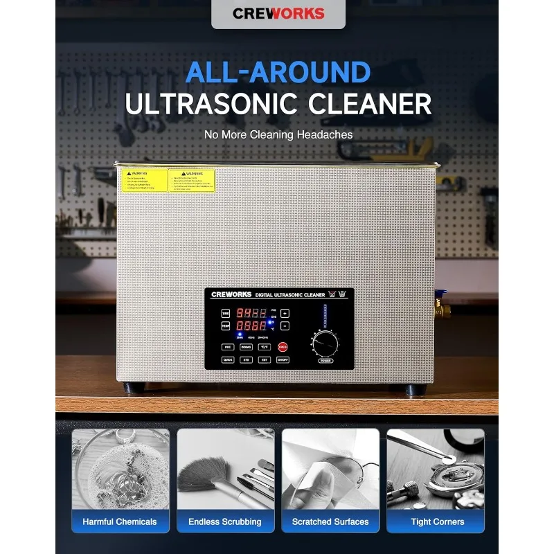 CREWORKS Dual Frequency 30L Digital Ultrasonic Cleaning Machine, 28 & 40 kHz 500W Ultrasonic Cleaner with Adjustable Power