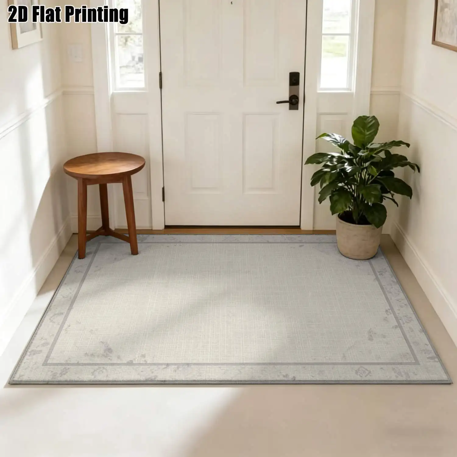 1Pc 2D Printed Carpet: Beige Geometric Border, Nordic/Instagram-Inspired, Modern Minimalist Vintage European Style, Multi-Size, Machine Washable, Ideal for Entryway, Dining Room, Foyer, Bedroom, Living Room as a Home Decor Floor Mat