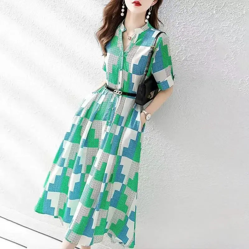 Vestido camisero a cuadros de moda para mujer Primavera Verano suelto manga corta gasa vestido largo por debajo de la rodilla verde rojo