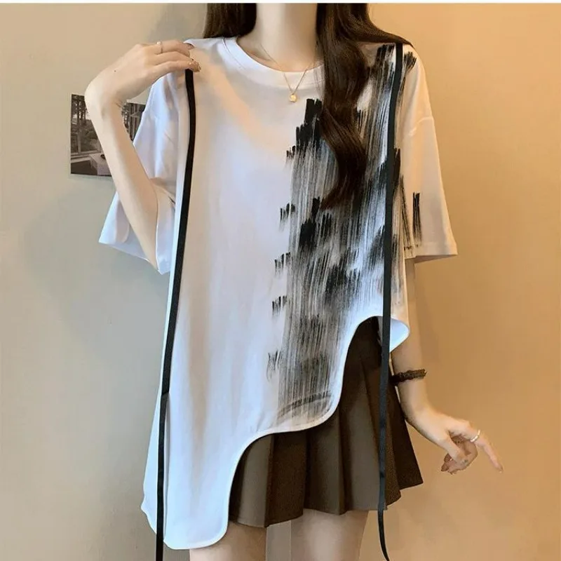 

Женская одежда, летние винтажные футболки с чернильным принтом и лентой нестандартного дизайна Y2K, женские повседневные свободные шикарные топы с круглым вырезом и короткими рукавами