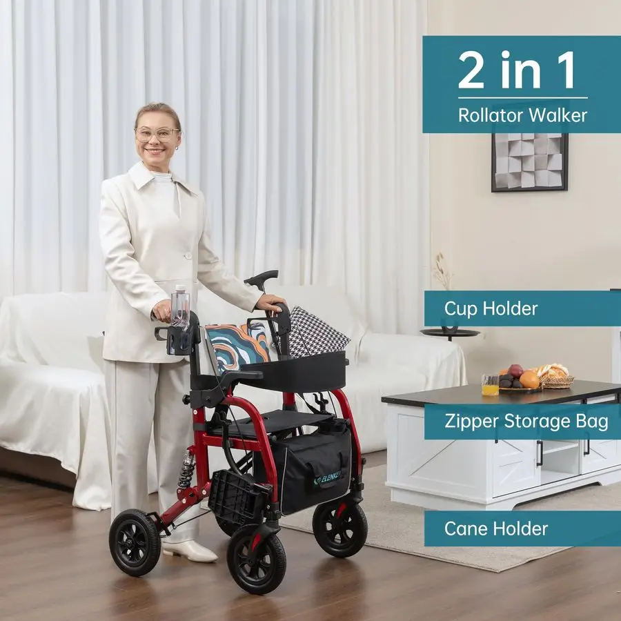 Rollator Walker Transport Rollstuhl-Kombination mit Stoßdämpfer, 2-in-1 Rolling Walker mit Sitz, All-Terrain-Räder für Senioren,