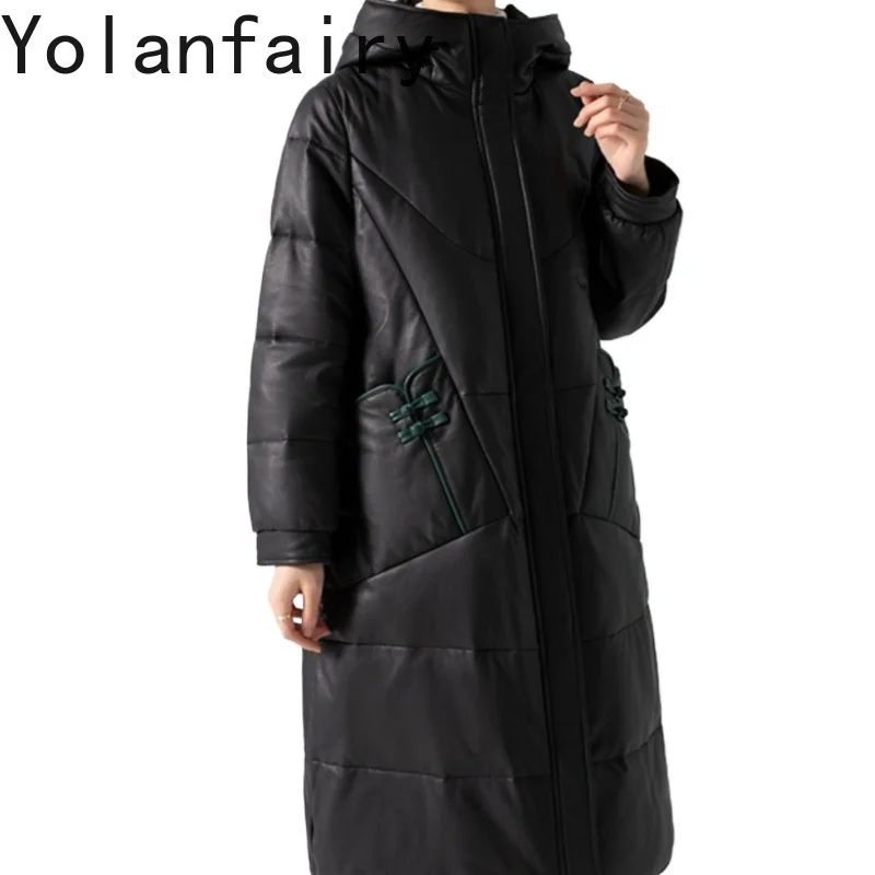 

YOLANFAIRY Genuine Leather Jacket Fashion Hooded Sheepskin Outwears Winter Long Down Coats Loose Clothes New Jaqueta Feminina