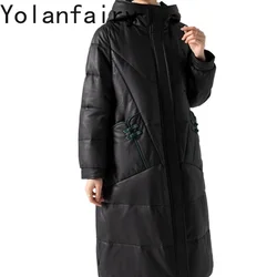 YOLANFAIRY Sheepskin Genuine Leather Jacket Fashion Casual Winter Hooded Outwears Long Down Jackets Clothes New Jaqueta Feminina