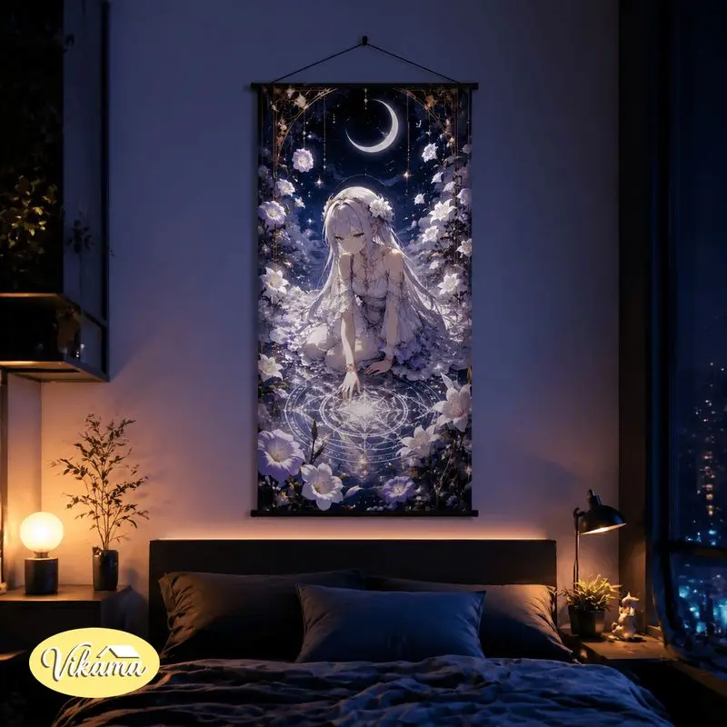 VIKAMA Anime Explorer Boy Tapestry Magical Mushroom Forest Night Moon Art Wall Hanging Bedroom Living Room Aesthetic Home Decor