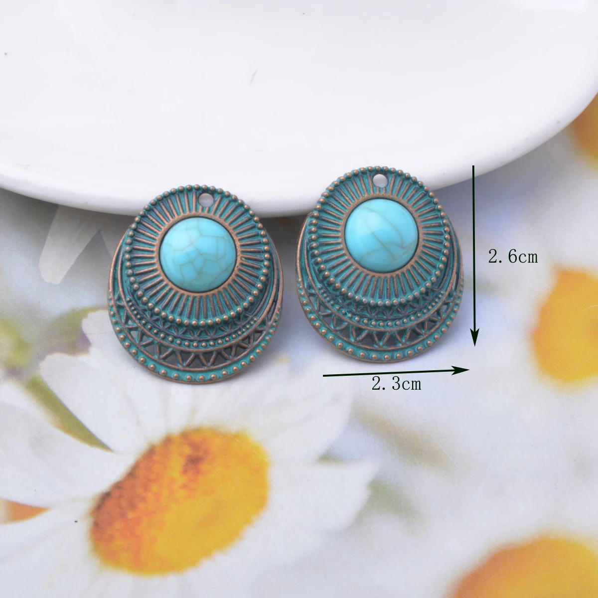 10pcs Bohemian style Antique bronze patina Charms Metal turquoise Cabochon Pendants DIY Making Earrings Women Jewelry