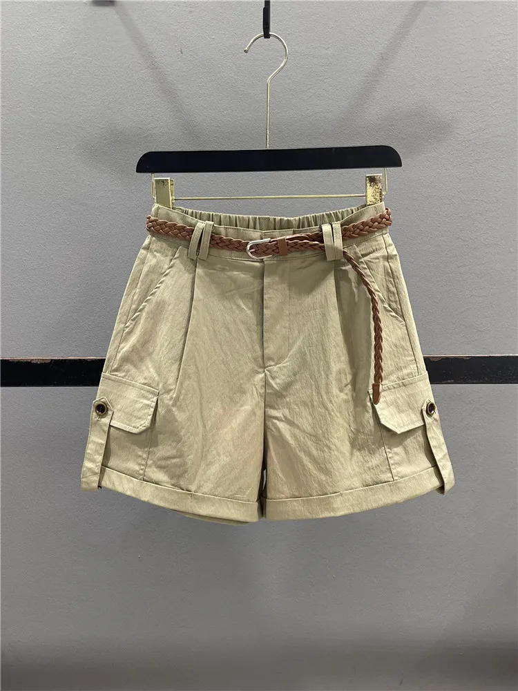 American Style Quick Dry Casual Loose Shorts Women's Summer Thin High Waist Wide Leg Pants A-Line Cuffed Casual Trousers