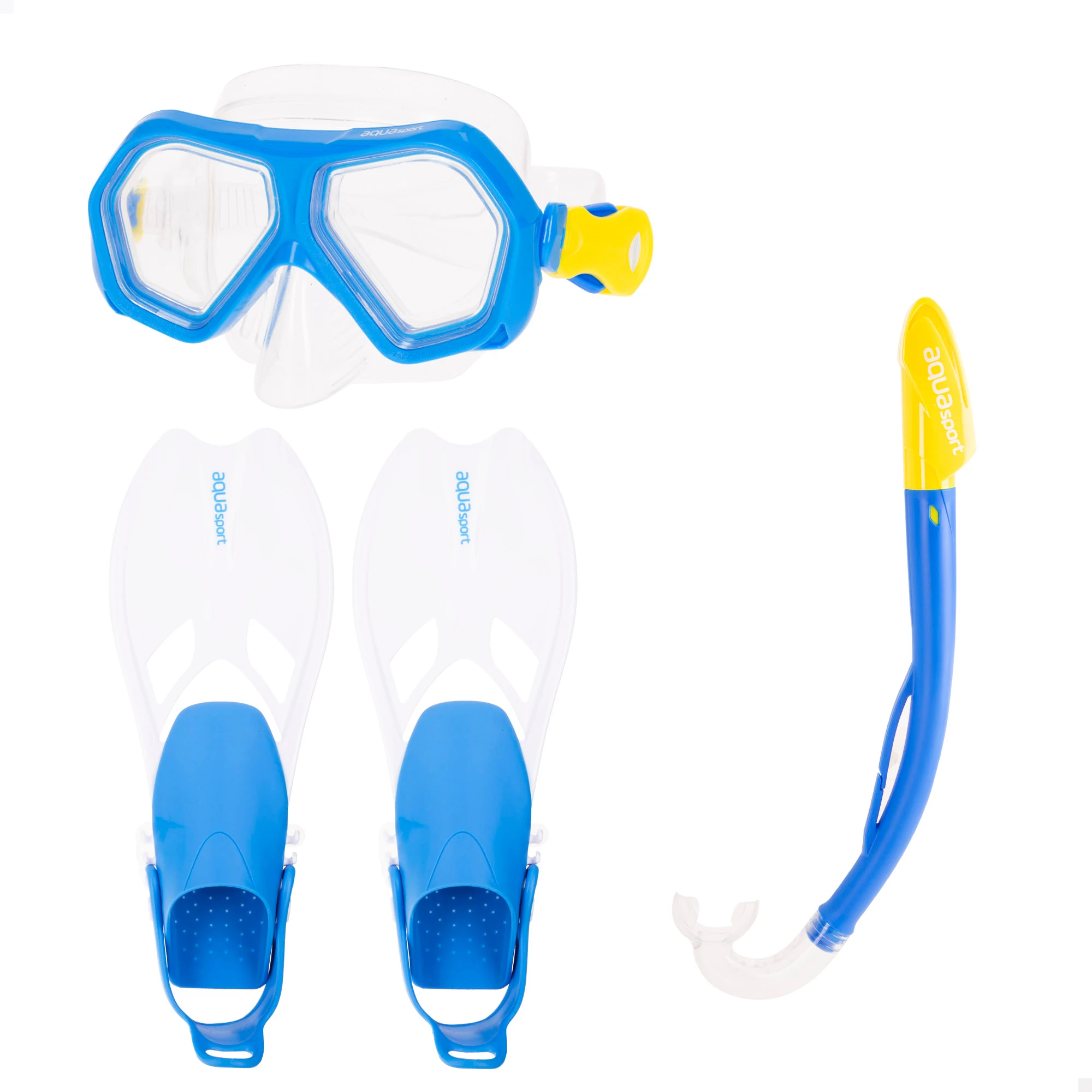 Aqua Sport snorkel Glasses set for Children, Includes Tube and Fins, Anti-drop Mask, Adjustable Fins Size 27-31 and 32-37, Splash Tube, Latex free, Polycarbonate Lens, snorkel Children