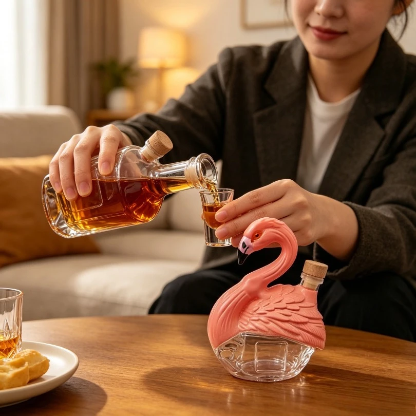 Cute Pink Flamingo Glass Decanter, Unique Animal Shaped Liquor Wine Bottle, Creative Home Bar Decor & Gift for Party Wedding