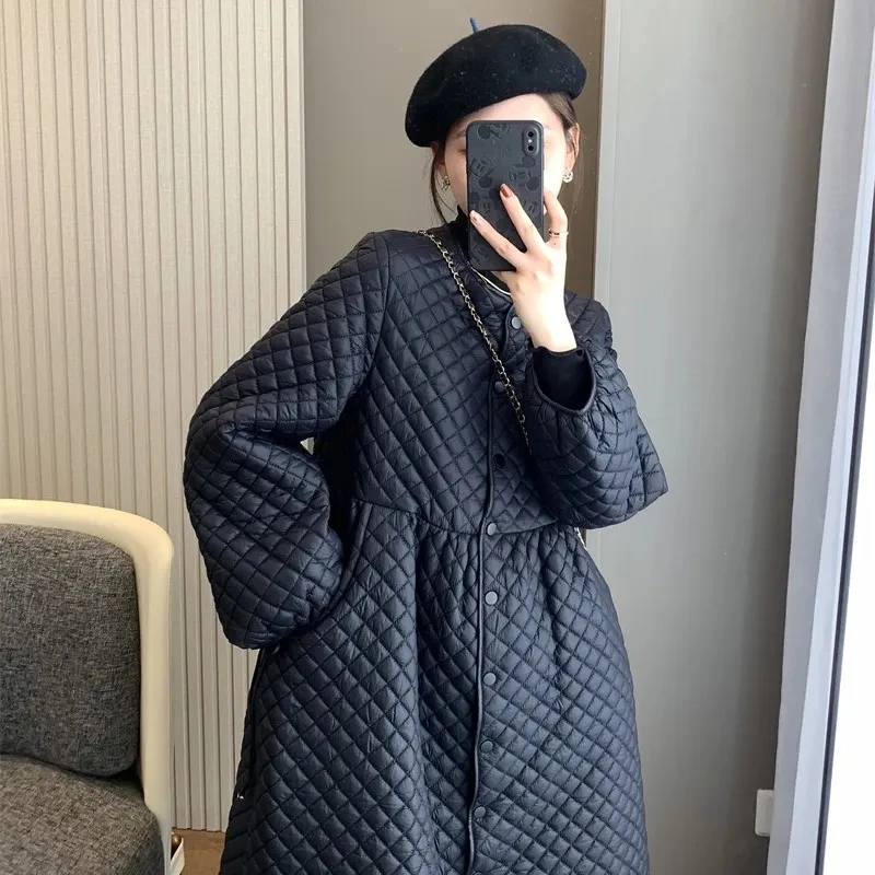 Women\'s Cotton Coat Retro Rhombus Grid Loose And Light Quilted Cotton Winter Outerwear Mid-Length Warm Cotton Windbreaker Dress