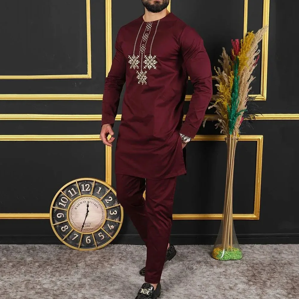 2Piece Sets Mens Outfit Embroidered Pocket Long Sleeve Top Pants Men\'s Wedding Suit Business Ethnic Casual Wear Tee Shirt Homme