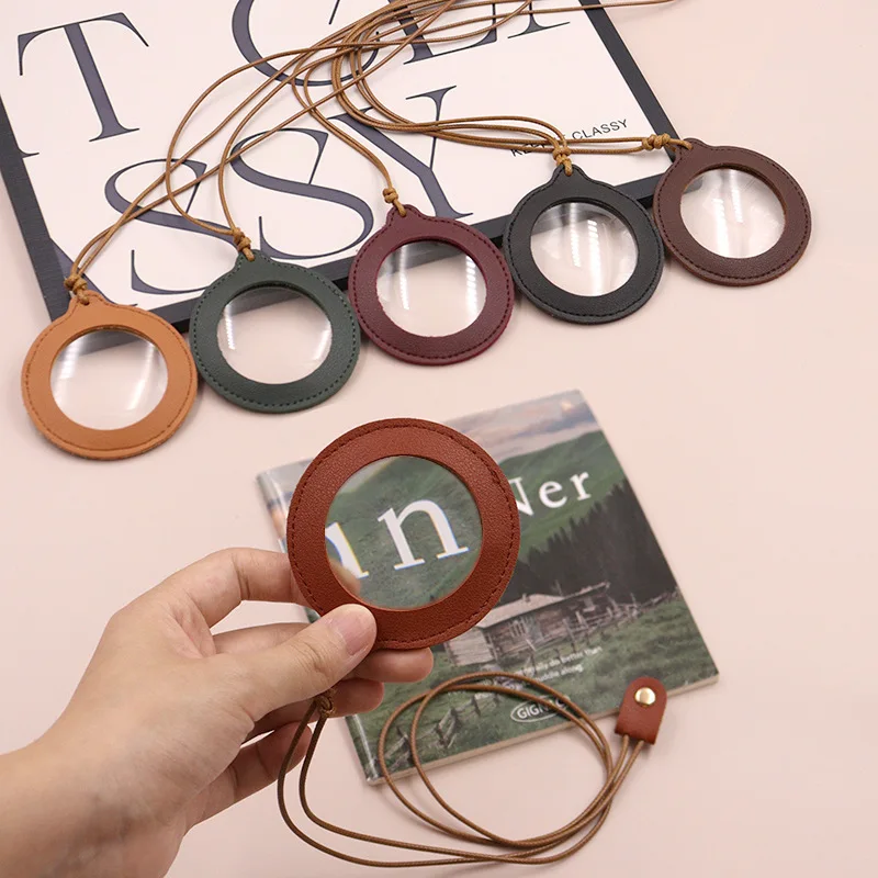 Minimalist Solid Adjustable Neck-hanging Magnifying Glass Leather Case Portable Protective Cover Elderly High Magnification Lens
