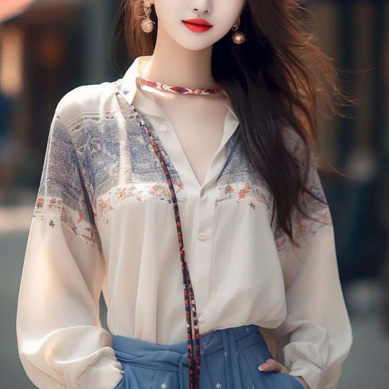 Satin Women's Shirts Spring/summer Silk Vintage Blouses Loose Long Sleeves Women Tops Prints Fashion Clothing