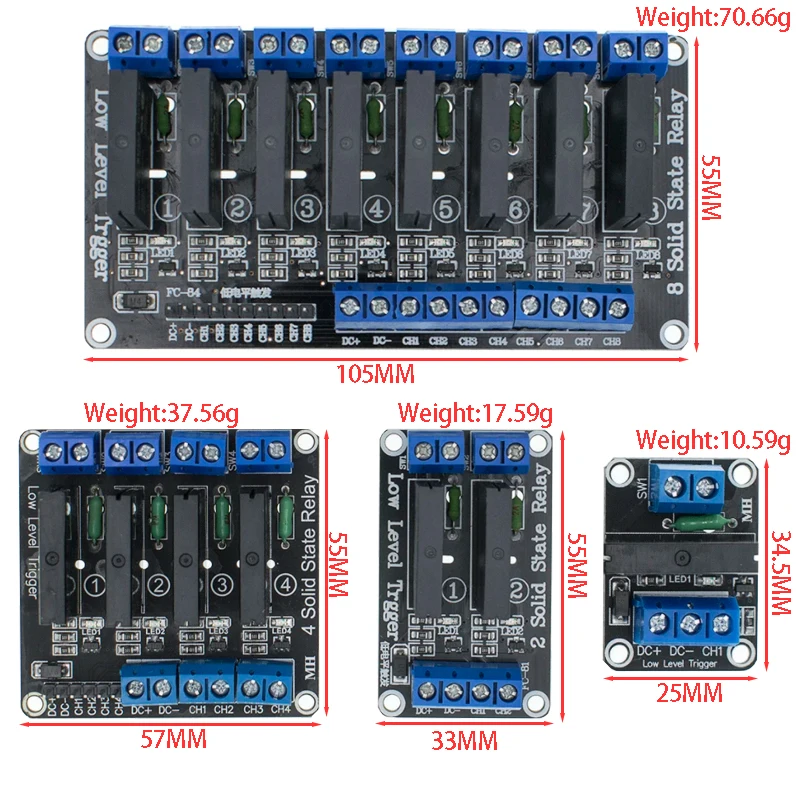 Low Level 5V 1 2 4 8 Channel Solid State Relay Module SSR G3MB-202P 240V 2A Output With Resistive Fuse For Arduino