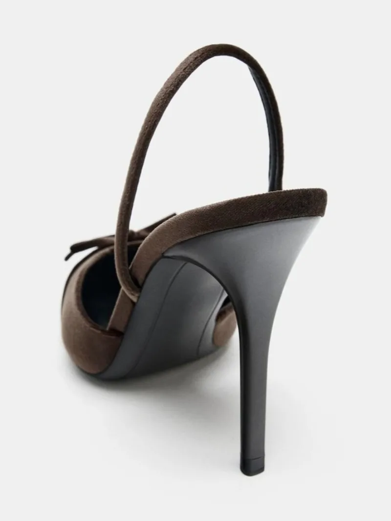 مثير أشار تو القوس عالية الكعب النساء موضة Slingback كعب رقيقة أحذية مصممين عالية الجودة فستان ستان أحذية Zapatos De Mujer