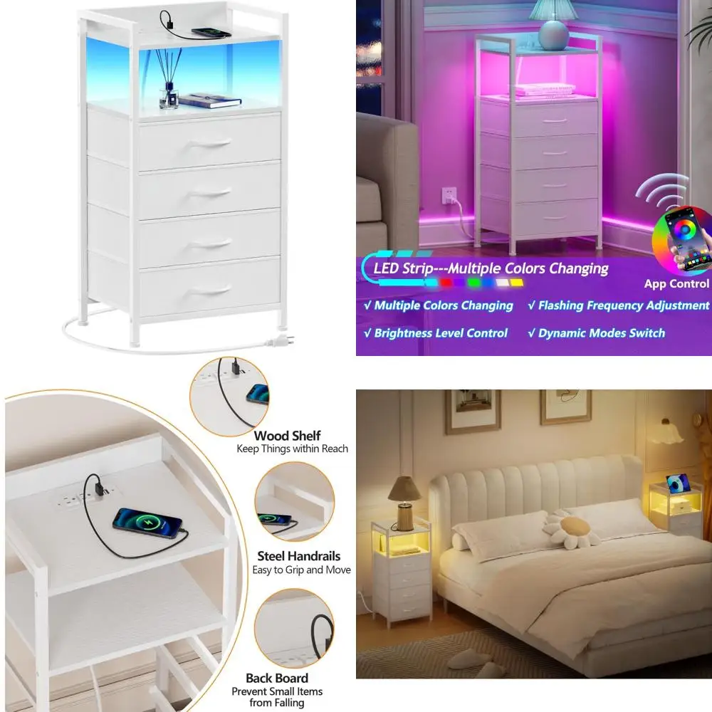 منضدة بيضاء معاصرة مع شحن USB وإضاءة LED وأدراج قماشية وخزانة غرفة نوم طويلة #1