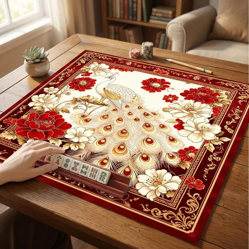 Tapis de Mahjong VIKAMA motif paon rouge, coussin absorbant les chocs, pour fêtes en famille, housse de table de Mahjong américain et de poker