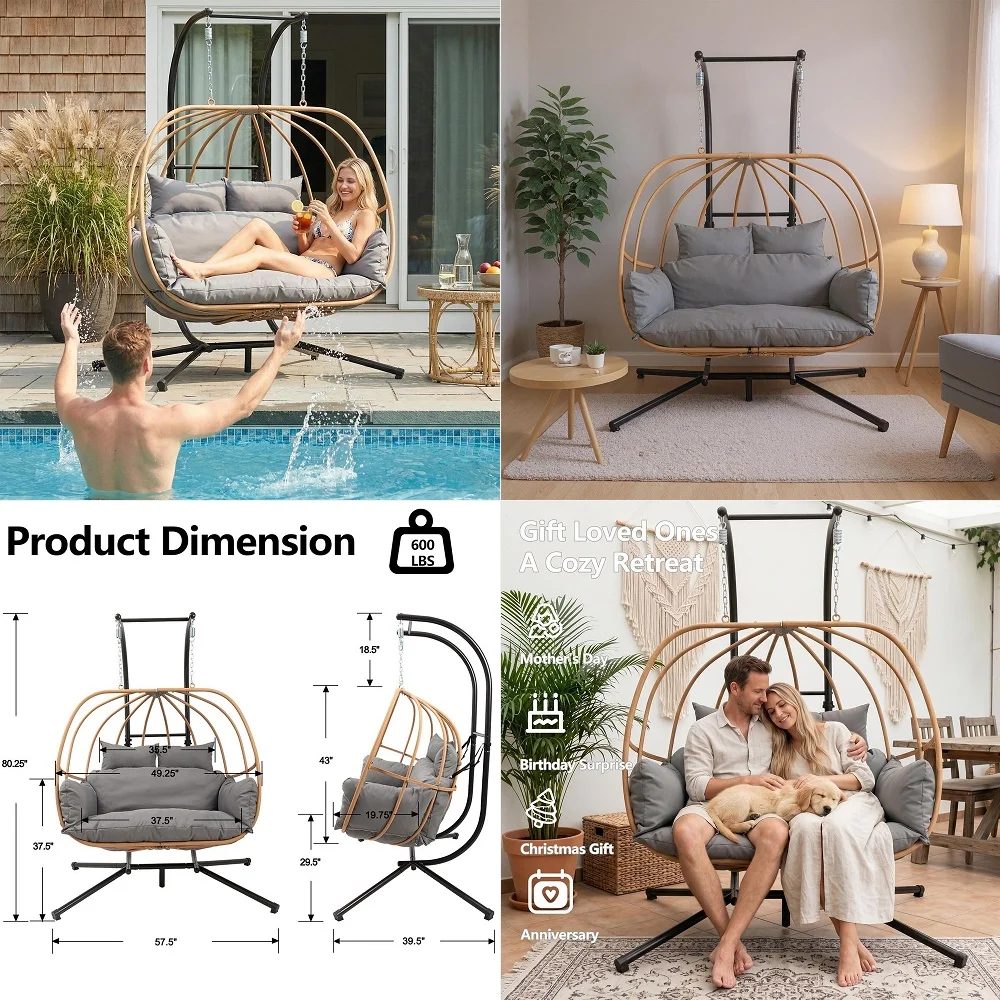 

5 FT Outdoor Porch Swing with Frame, Heavy Duty 880 LBS Patio Hanging Swing with Stand for Backyard amp Garden, Black