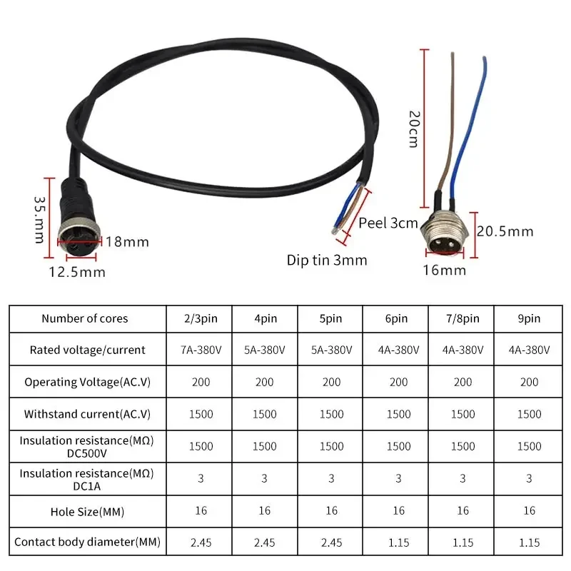 Waterproof GX16 Aviation Plug Socket with Wire IP68 2 3 4 5 6 7 8 9 Pin Male Female Connector Cable Opening 16mm Extension Cord