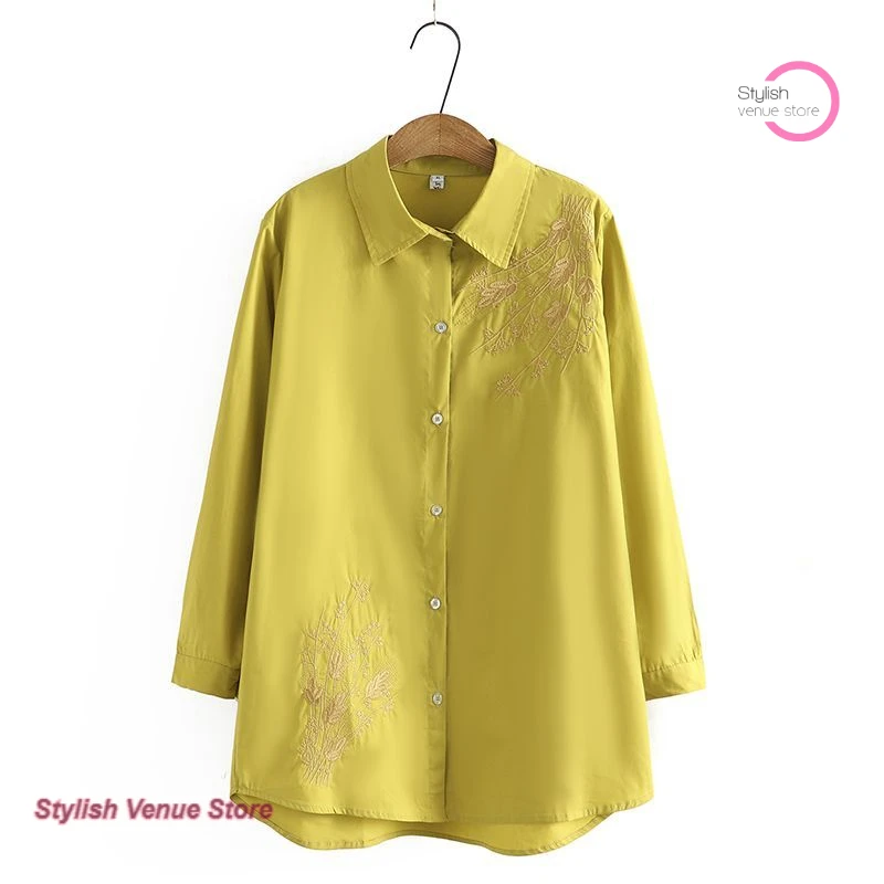 Bordado japonês primavera e outono roupas nova mãe de meia-idade longa camisa branca manga longa feminina casual coringa camisa