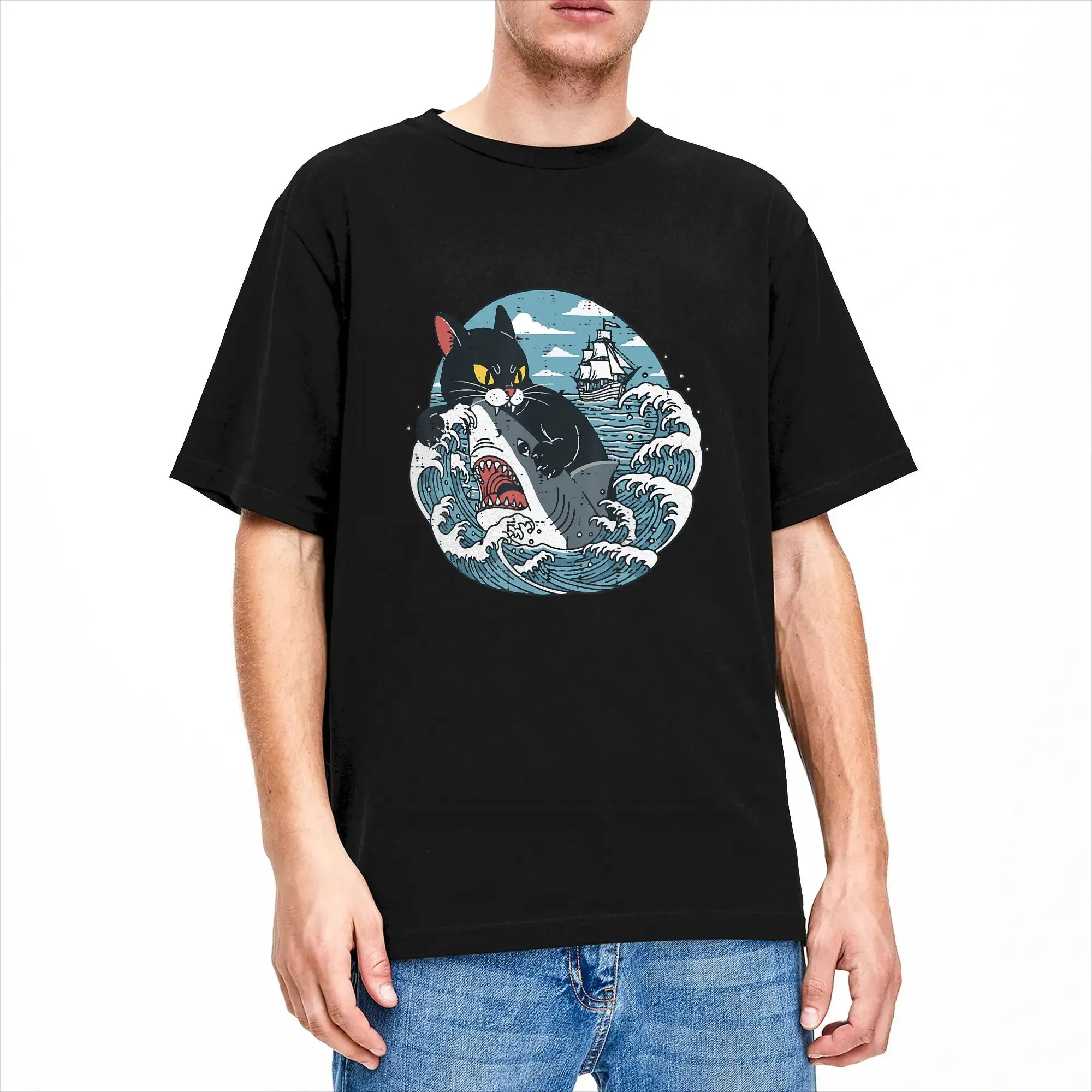 Black Cat Biting Shark Wave Funny Japanese T-Shirt Men  Fashion 100% Cotton Tee Shirt O Neck Short Sleeve T Shirts Gift Idea