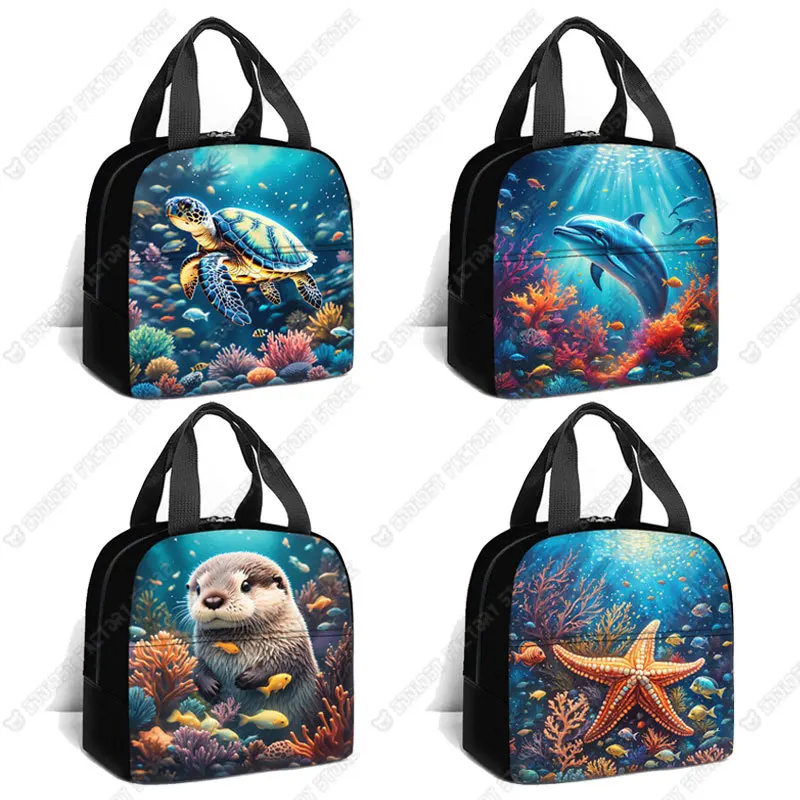 Sea Animal Otter Shoulder Bag Print Lunch Bag Octopus Dolphin Jellyfish Turtle Seal Starfish Picnic Bag Outdoor Food Pouch