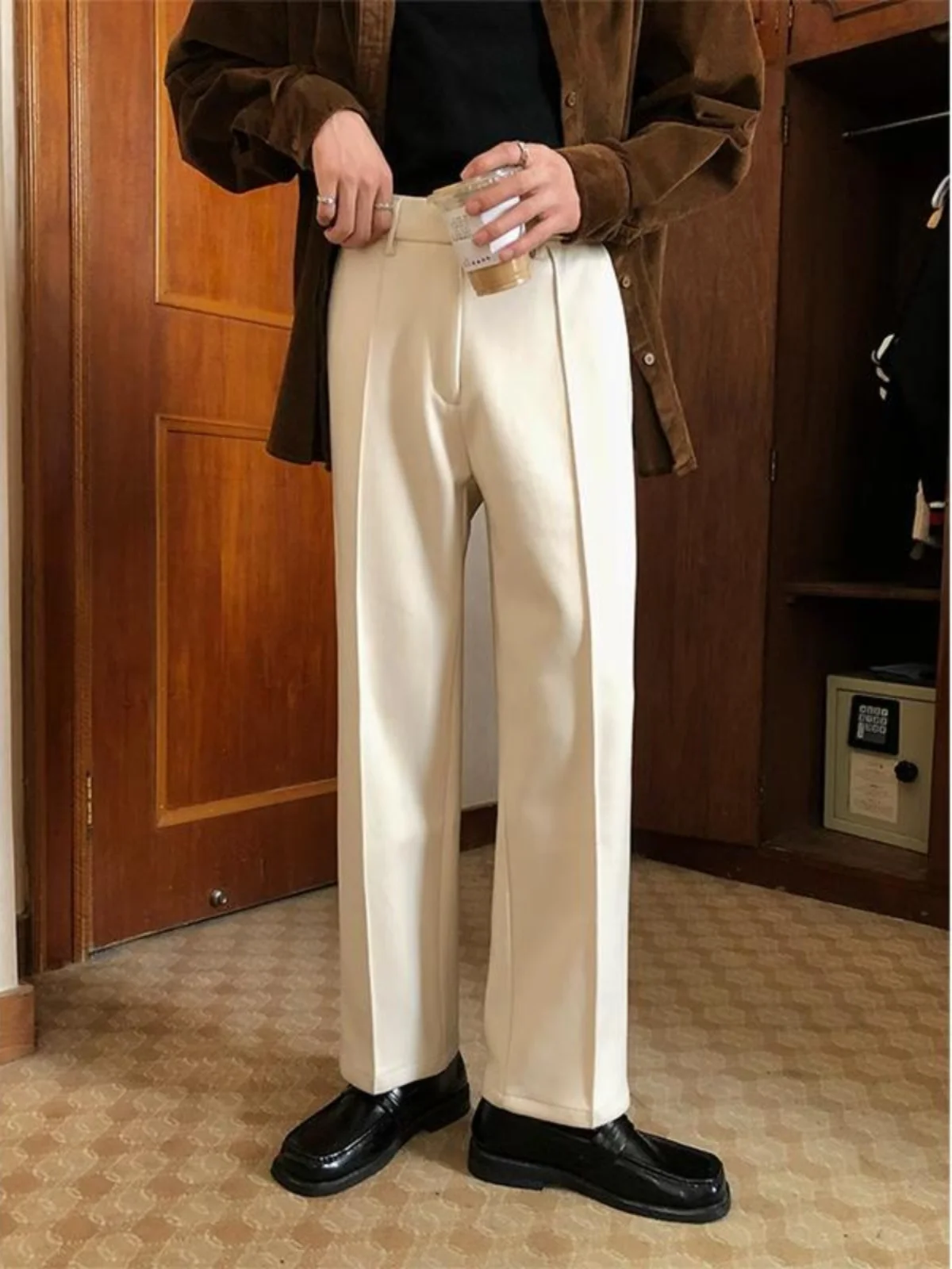 

Зимние мужские повседневные шерстяные брюки прямого кроя, свободные, струящиеся, в стиле ретро, теплые, высококачественные, модные, с прямыми штанинами