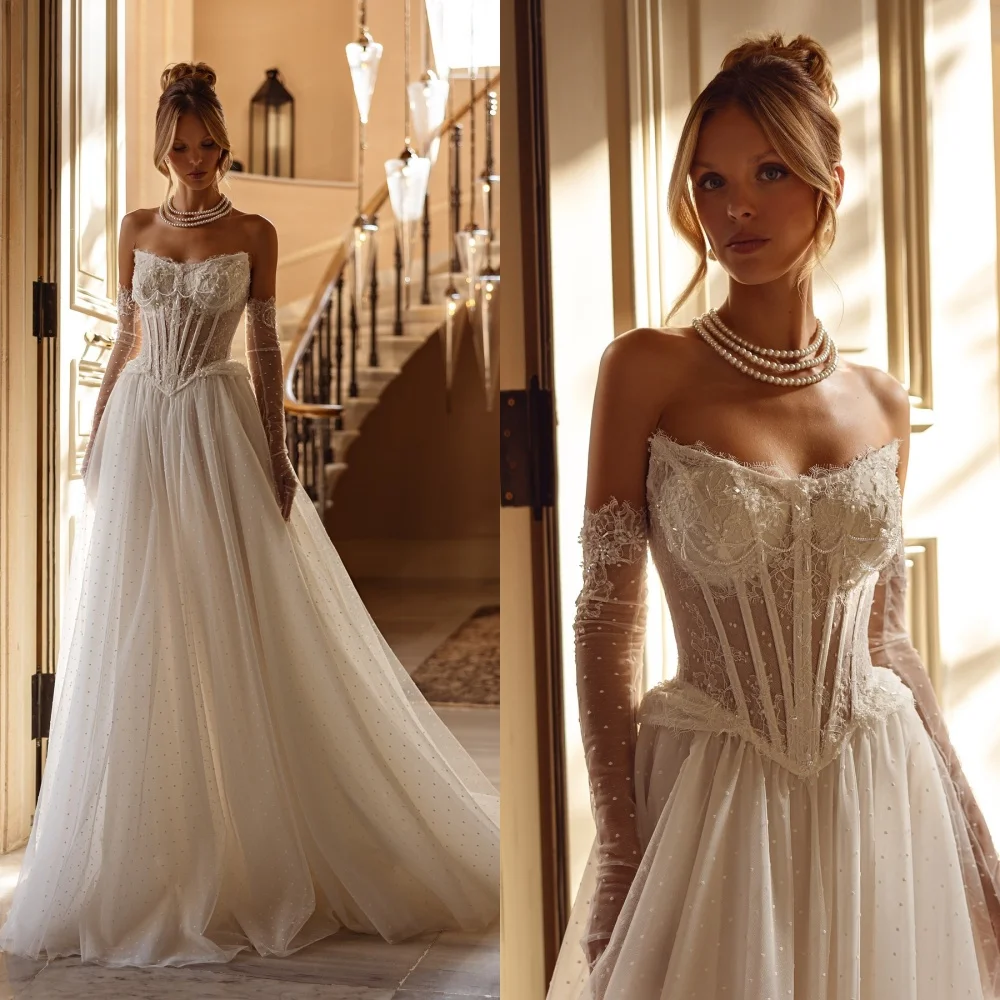 Gaun Pengantin Lengan Panjang Dapat Dilepas Tanpa Tali Elegan Kustom Gaun Pengantin Punggung Terbuka Renda Kereta Kapel Indah