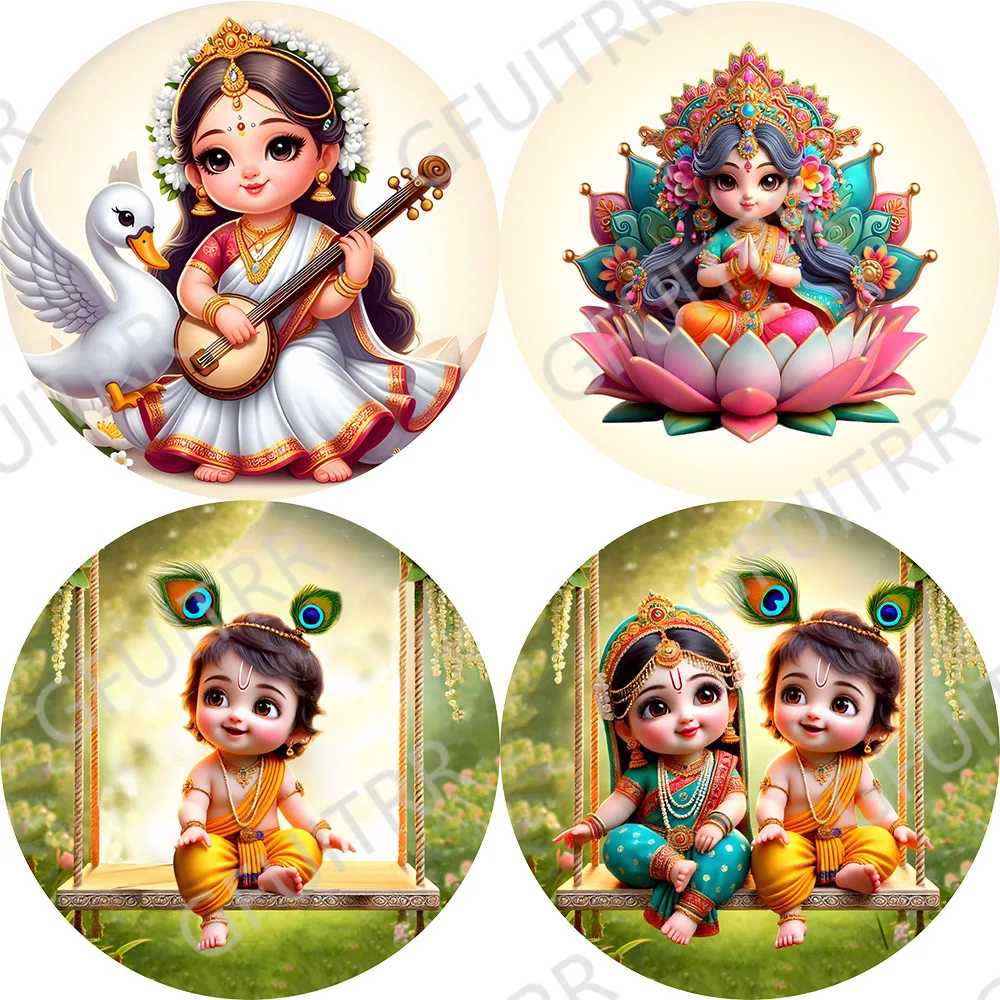 Krishna Thema Ronde Foto Achtergrond Leuke Cartoon Yasodha en Krishna Feestdecoratie Indiase Religie Patroon Achtergrond Covers
