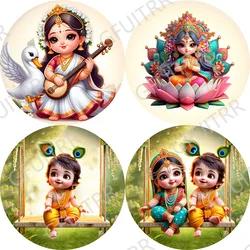 Krishna Theme Round Photo Backdrop Cute Cartoon Yasodha and Krishna Party Decoration Indian Religion Pattern Background Covers