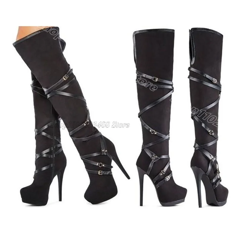 Stivali a spillo con giunture con piattaforma nera Punta tonda Cerniera laterale Abito stile britannico Stivali da donna sopra il ginocchio Zapatos Para Mujere