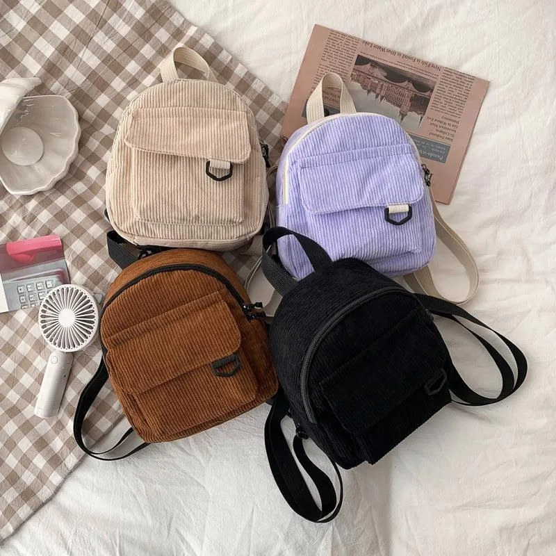 Korean-style casual versatile retro corduroy solid-color Japanese-style women's backpack student schoolbag trendy ladies' bag.