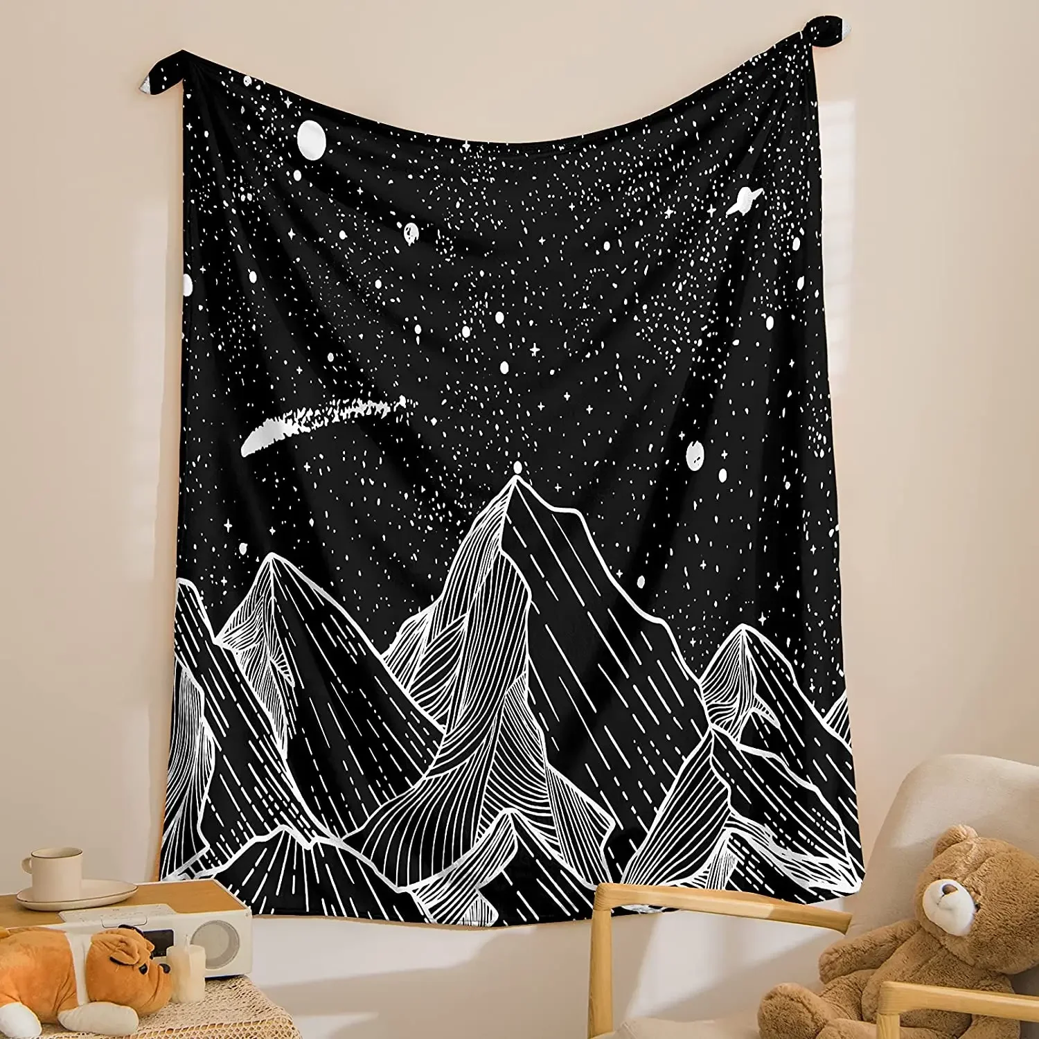 Black Mountain Blanket Flannel Fleece Blanket Black White Galaxy Stars Mountain Sketch Pattern Design Soft Warm Plush Blanket