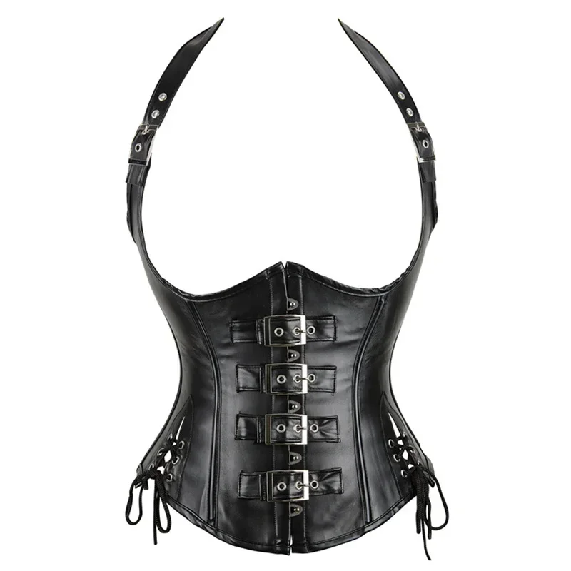 

Women Vintage Faux Leather Corset Top Sexy Black halter Steampunk Underbust Korsett Bustiers Gothic Body Shaper Vest Lingerie