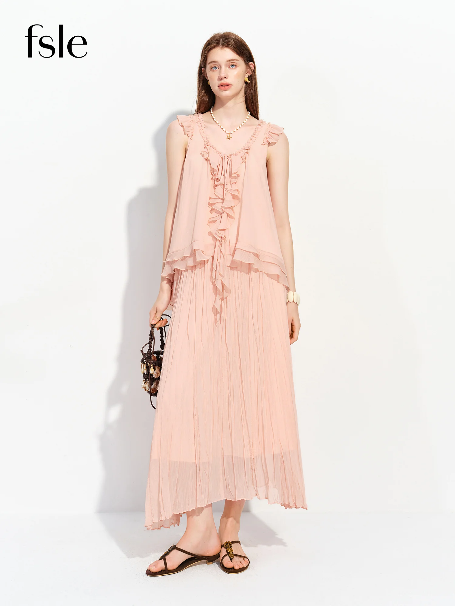 FSLE 2026 Summer Women's French-Inspired Romantic V-Neck Self-Tie Blouse Ruffle Trim & Matching Separate for Daily