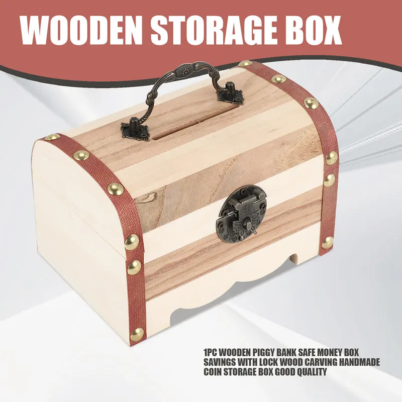 1PC Wooden Piggy Bank Safe Money Box Savings With Lock Wood Carving Handmade Coin storage box High Quality-A13G