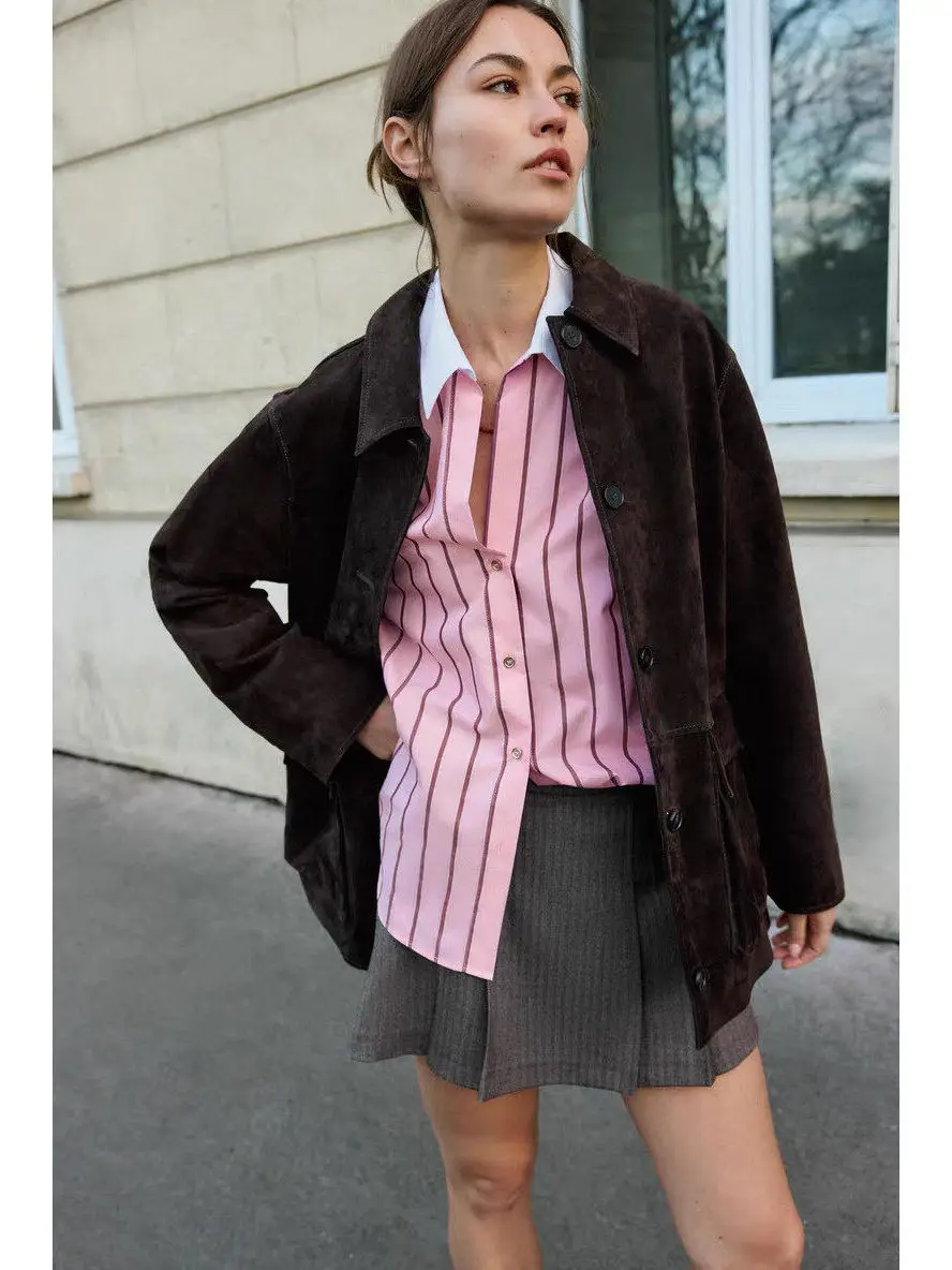 

Loose Long Sve irt Women's Casual Striped Contrast Color Cuff Turn-down Collar Breathable Polyester Fiber Spring Season