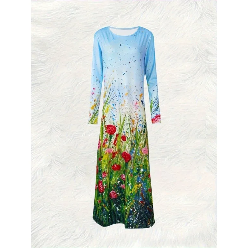 Spring and summer new elegant casual floral print temperament long-sleeved dress fashionable loose ankle round neck dress