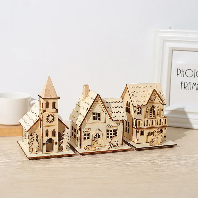 DIY Merry Christmas Decorations Mini Wooden House Luminous Cabin Christmas Tree Hanging Xmas Ornaments New Year Kids Gift