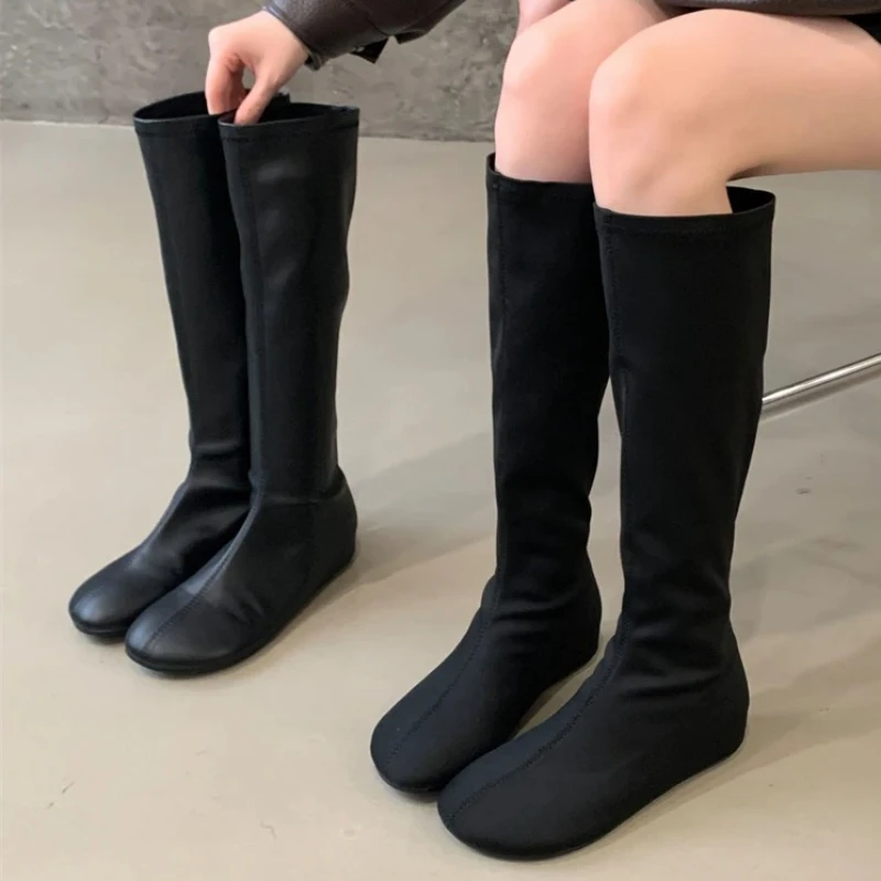 

Soft Leather Round Toe Knee High Boots for Women Punk Style Comfort Stretchy Long Boots Ladies Lightweight Designer Women's Shoe