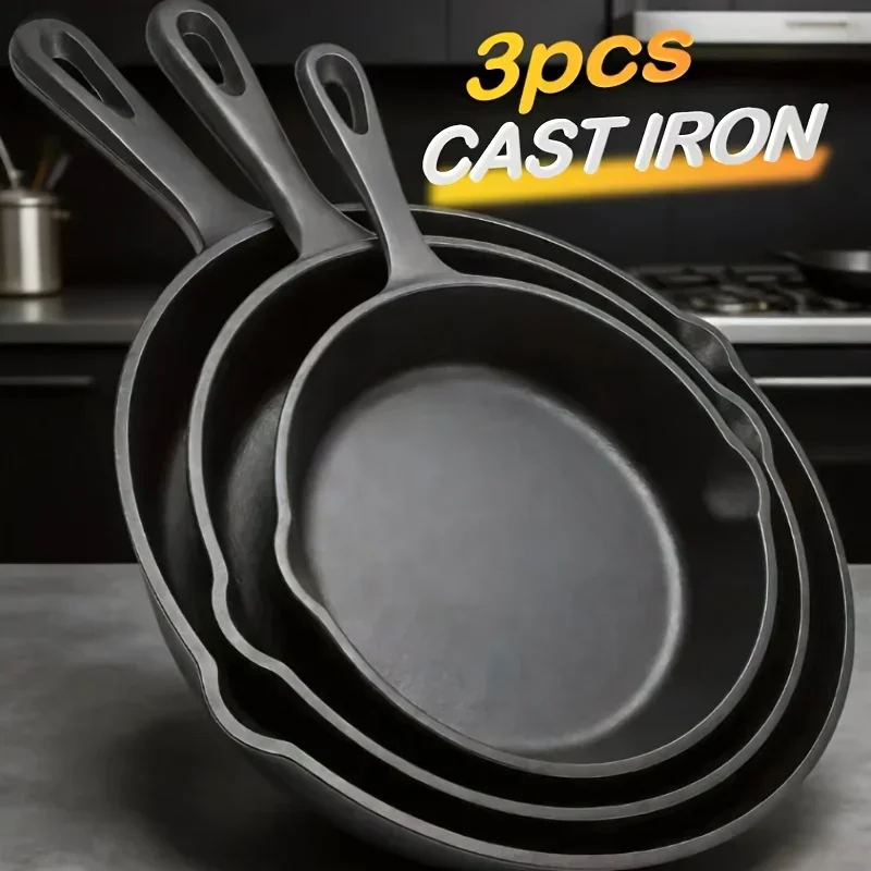 3/1pc Heavy-Duty Cast Iron Skillet Pan Set- Pre-Seasoned Round Cookware with Stovetop & Even Heat Distribution, Featuring An Uncoated Skillet with A Handle, Versatile for Home Cooking, Outdoor Camping Grilling, Steaks, And Omelettes