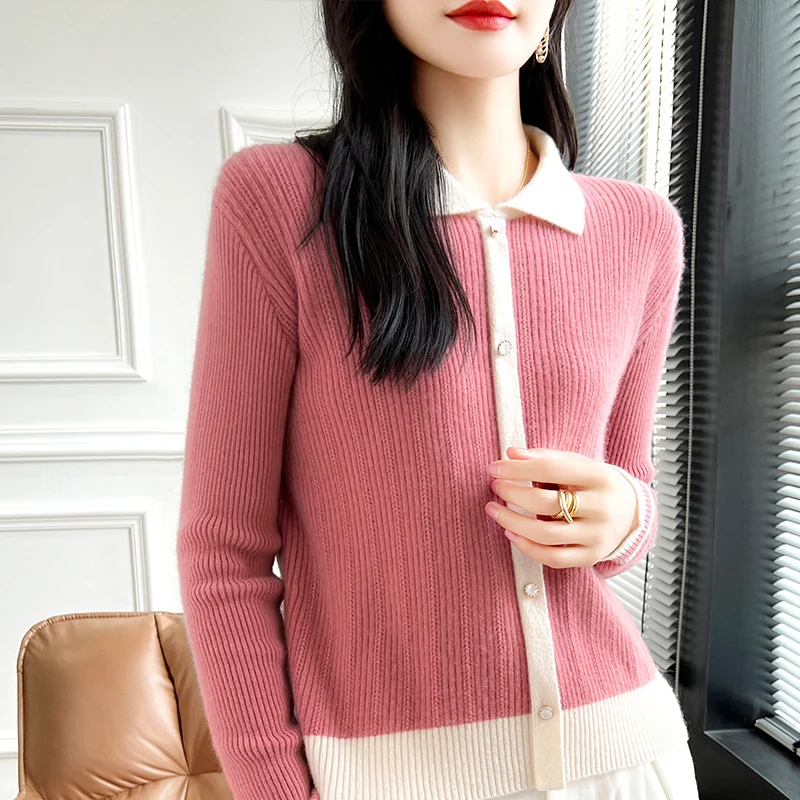 Women's POLO Neck 100% Pure Wool Knit Pullover Fall/Winter Lapel Fake Cardigan Short Sweater Fashion Slim Color Matching Blouse