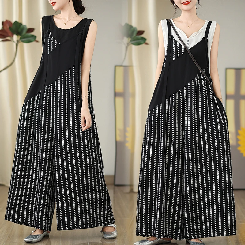 Trendy kleur Blo gestreepte overall loszittende verbergen flatterende wijde pijpen broek zomer casual hoge taille negen P...