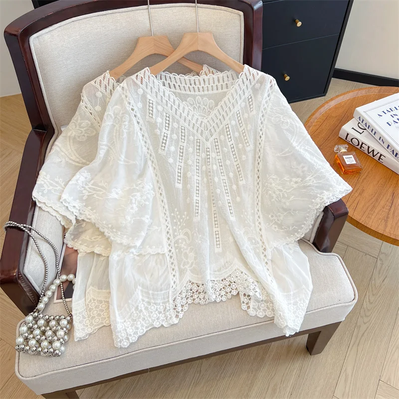 

Boho Summer Loose Lace Shirt Women Blouses Sunscreen Casual V-neck Hollow Embroidered Short Sleeve Top