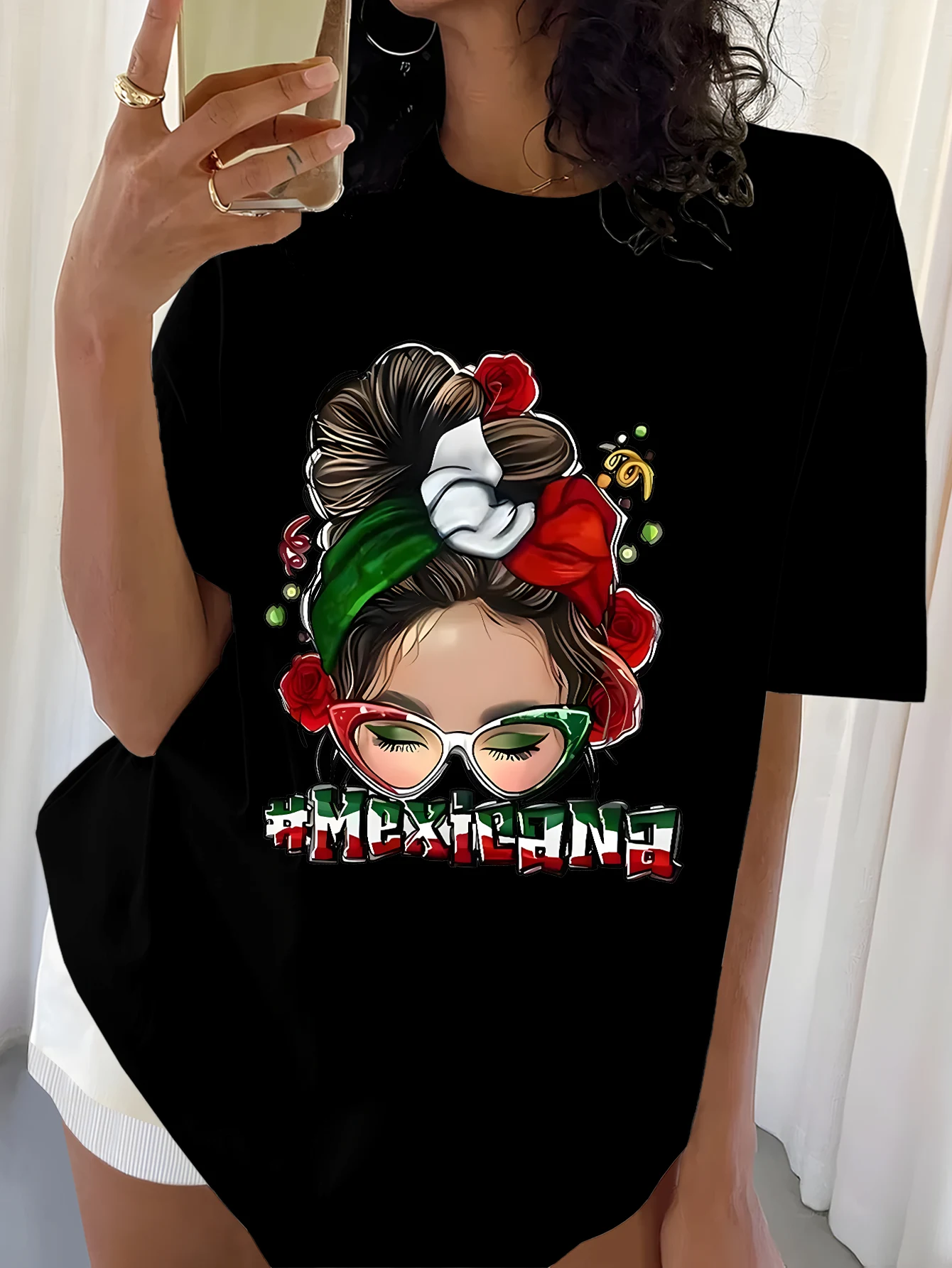 تي شيرت نسائي أبيض بأكمام قصيرة تي شيرت مكسيكانا ثقافي جرافيك عصري أنيق غير رسمي جرافيك تي شيرت نسائي صيفي Y2K