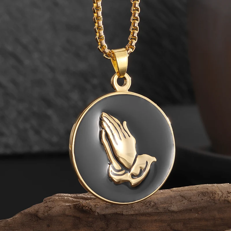 Retro Creative Praying Hands Medal Stainless Steel Pendant Necklace for Men Daily Prayer Lucky Accessories