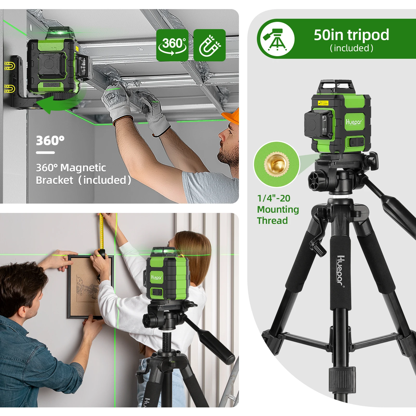 Huepar 3x360°Green Beam 12 Lines Laser Level Self-Leveling Cross Line Laser Level Tool Set With Magnetic Bracket & 1.27M Tripod